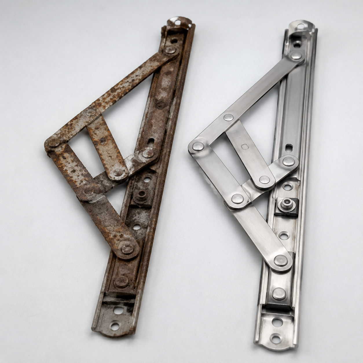 An old window hinge beside a new replacement hinge