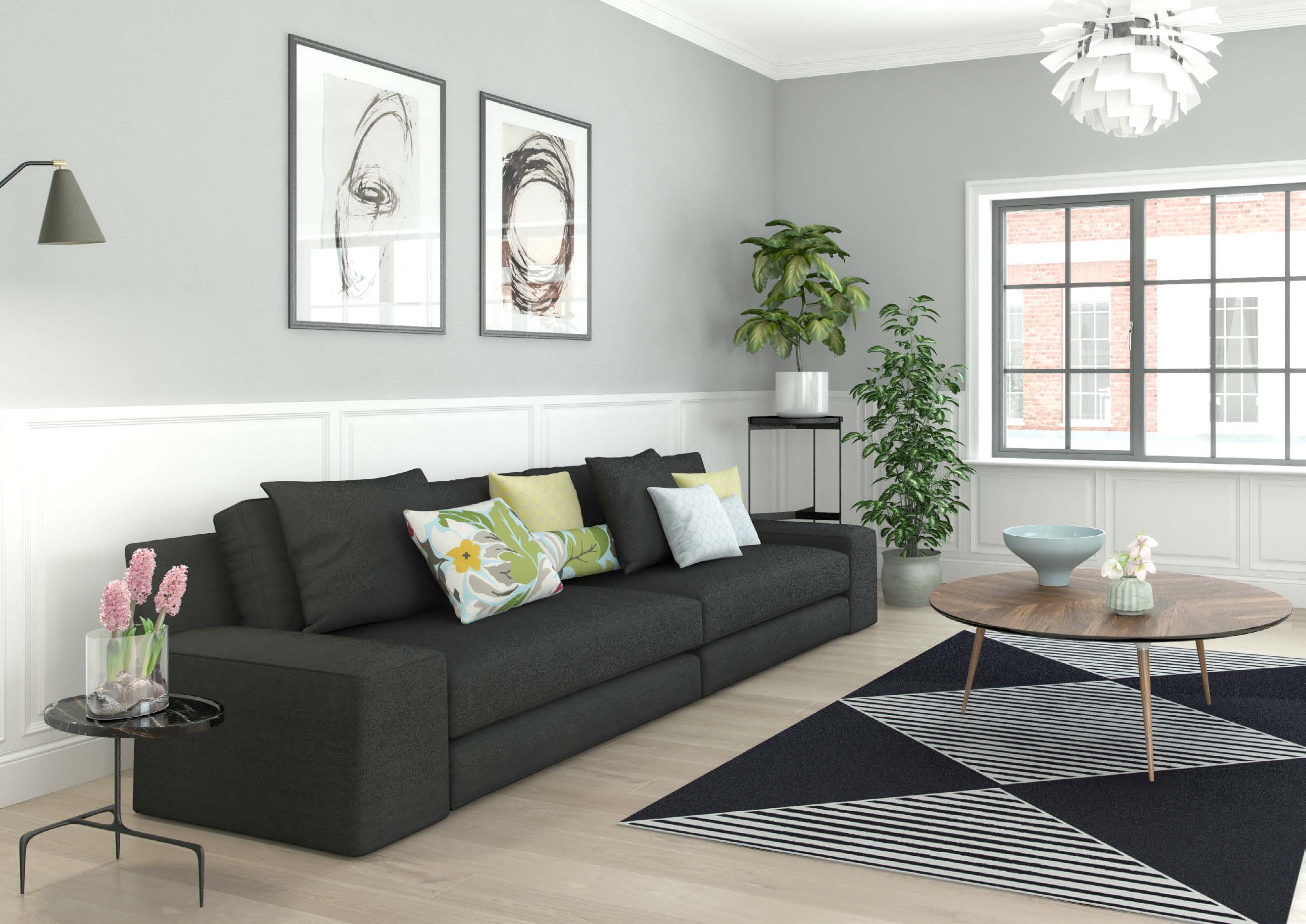 A living room with decorative bars in dark aluminium windows, from Senior’s brochure